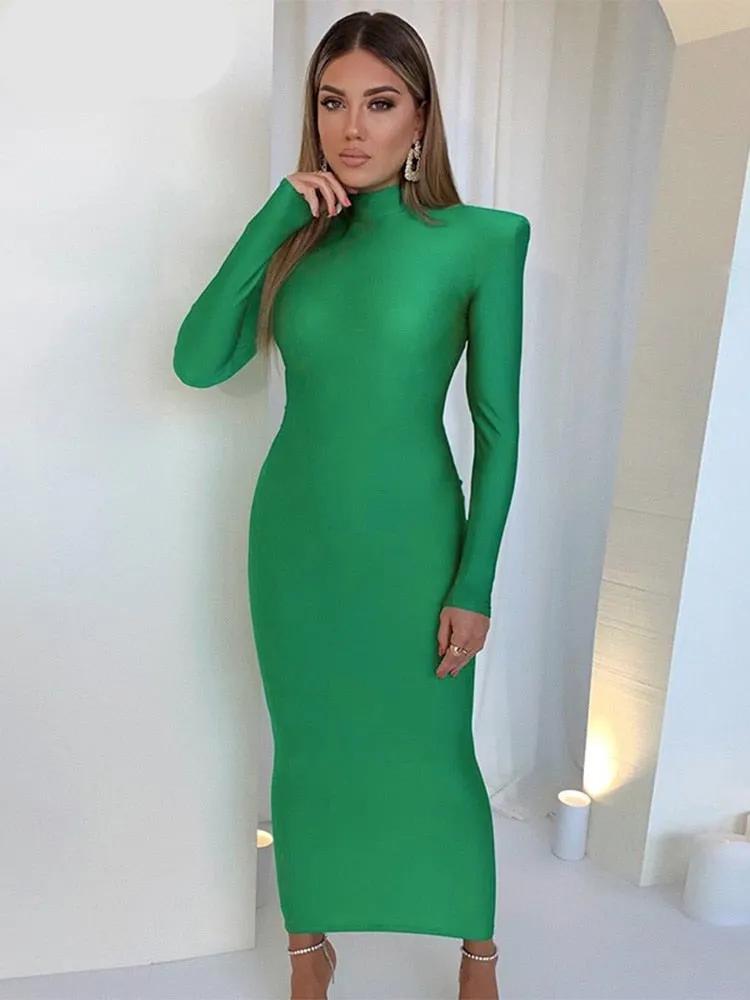 Shoulder Padded Long Sleeve Bodycon Maxi Long Dress