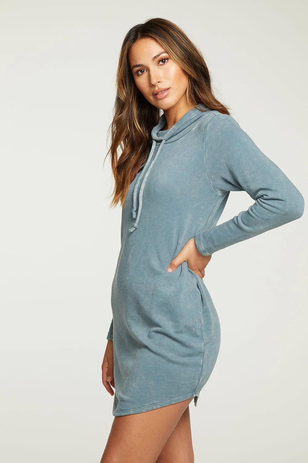 Slub French Terry Long Sleeve Funnel Neck Shirttail Dress