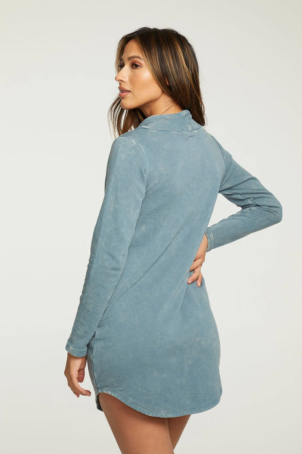Slub French Terry Long Sleeve Funnel Neck Shirttail Dress