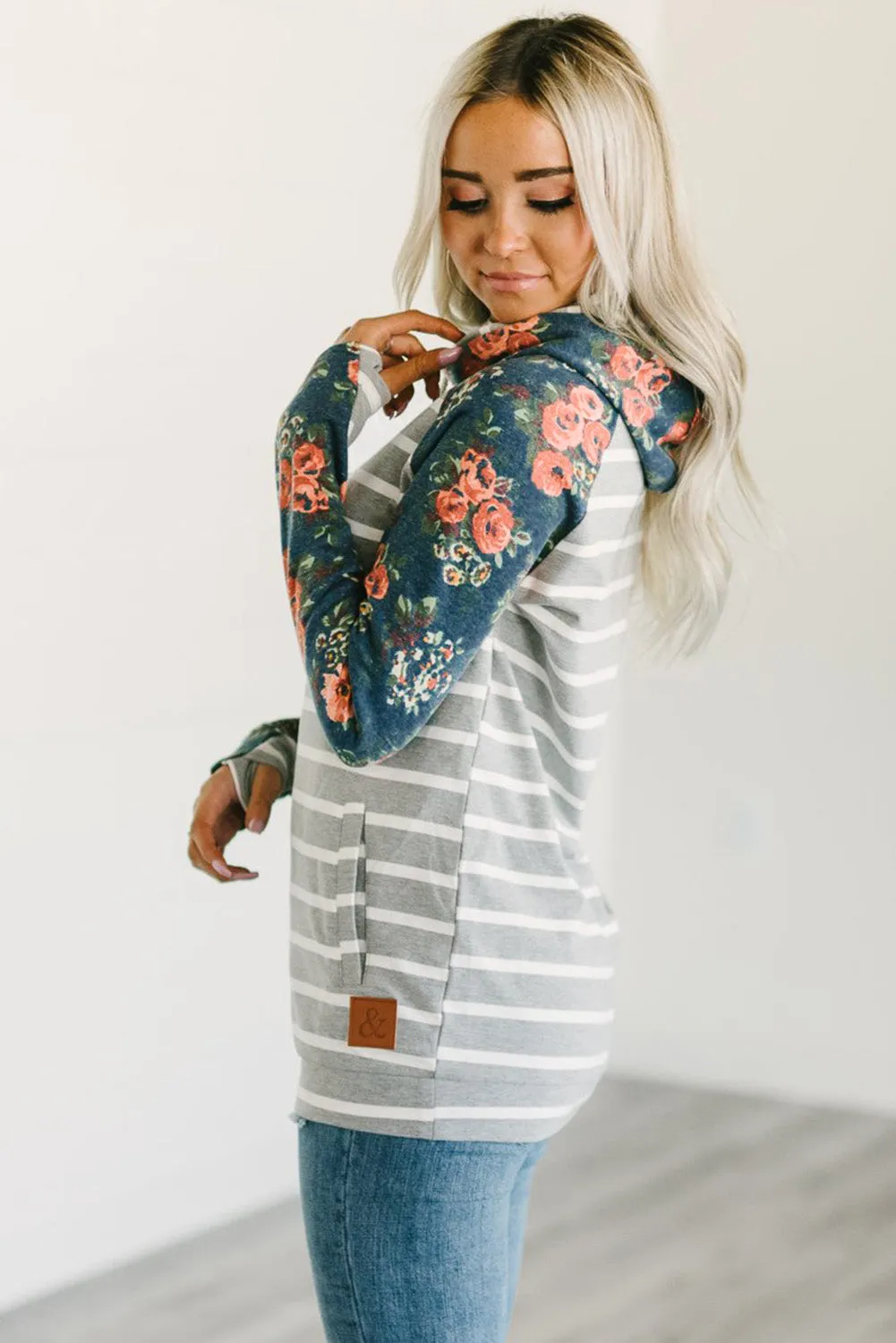 Striped Floral Print Long Sleeve Zipper Hoodie