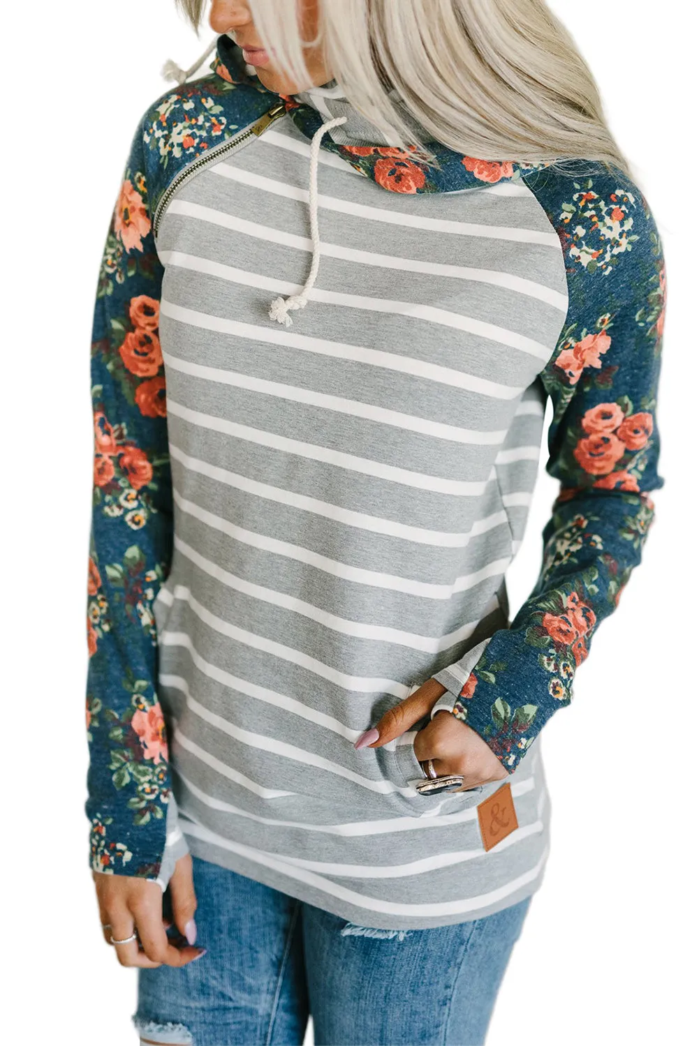 Striped Floral Print Long Sleeve Zipper Hoodie