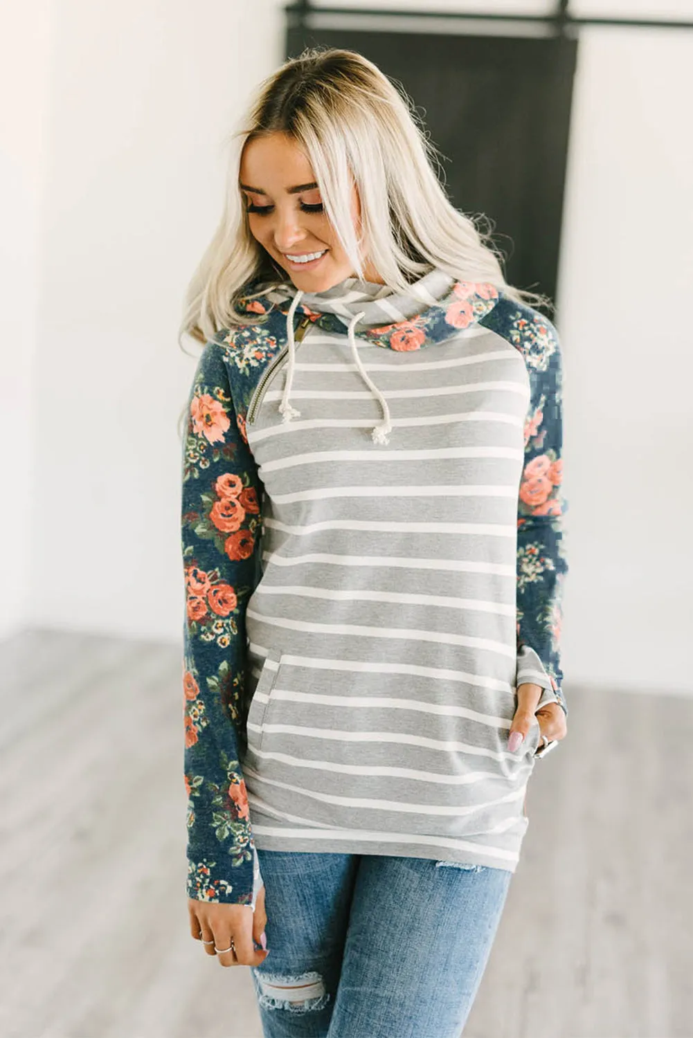 Striped Floral Print Long Sleeve Zipper Hoodie