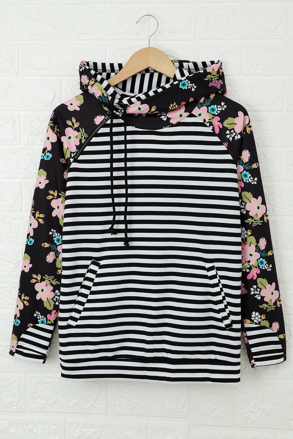 Striped Floral Print Long Sleeve Zipper Hoodie