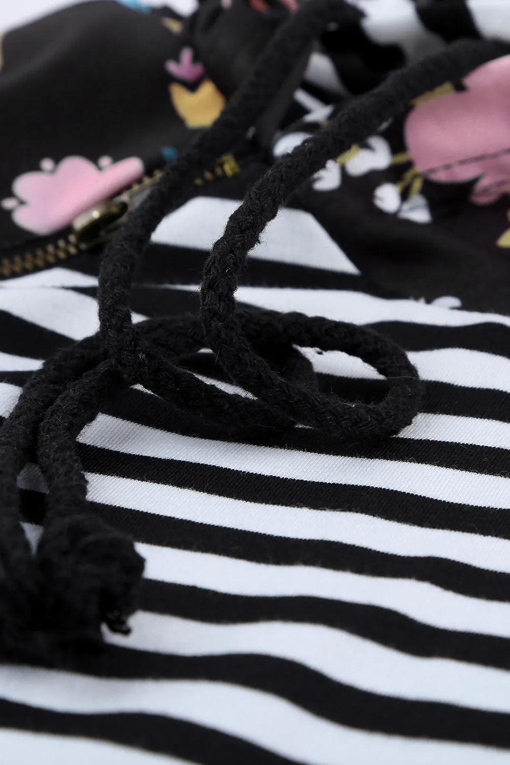 Striped Floral Print Long Sleeve Zipper Hoodie