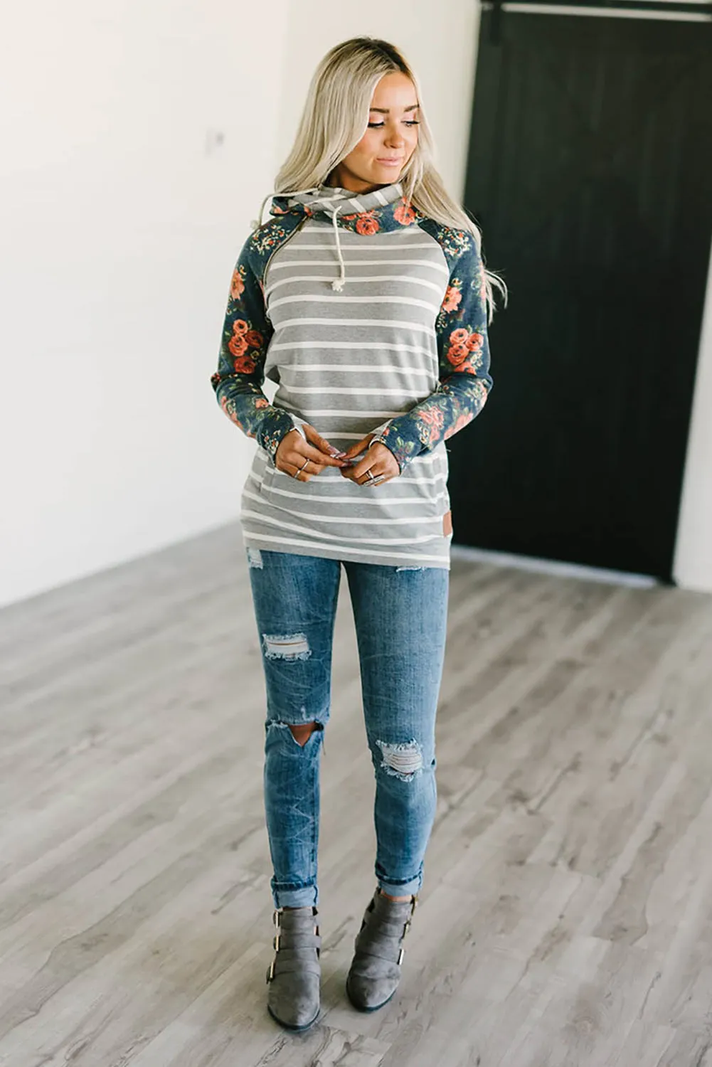 Striped Floral Print Long Sleeve Zipper Hoodie