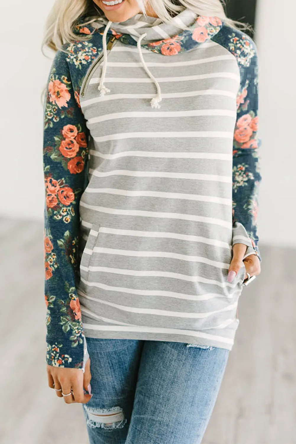 Striped Floral Print Long Sleeve Zipper Hoodie