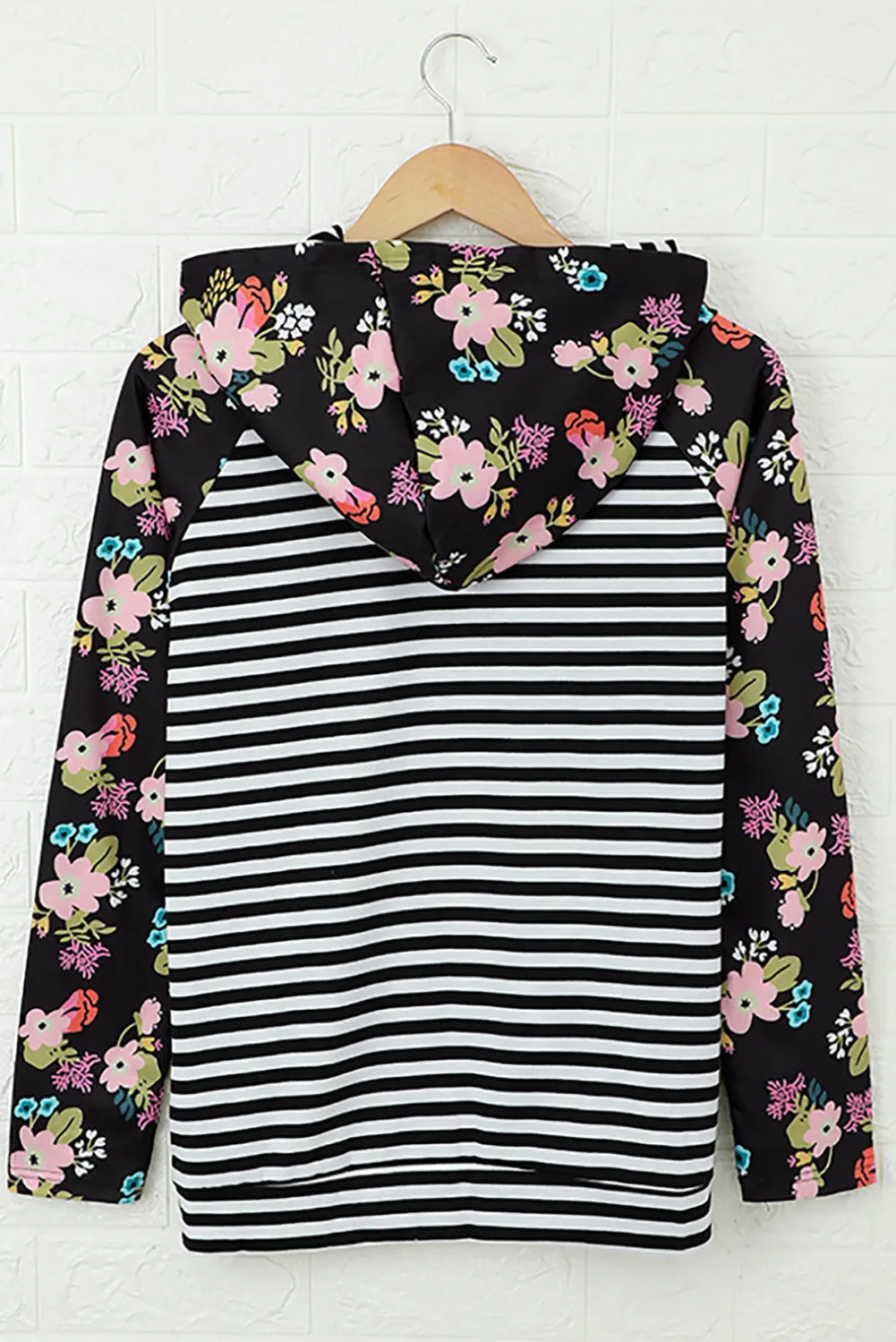 Striped Floral Print Long Sleeve Zipper Hoodie