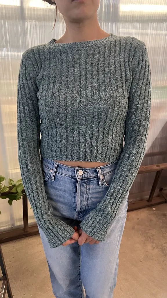 Tallulah Knit Ribbed Long Sleeve Slit Sweater in Teal