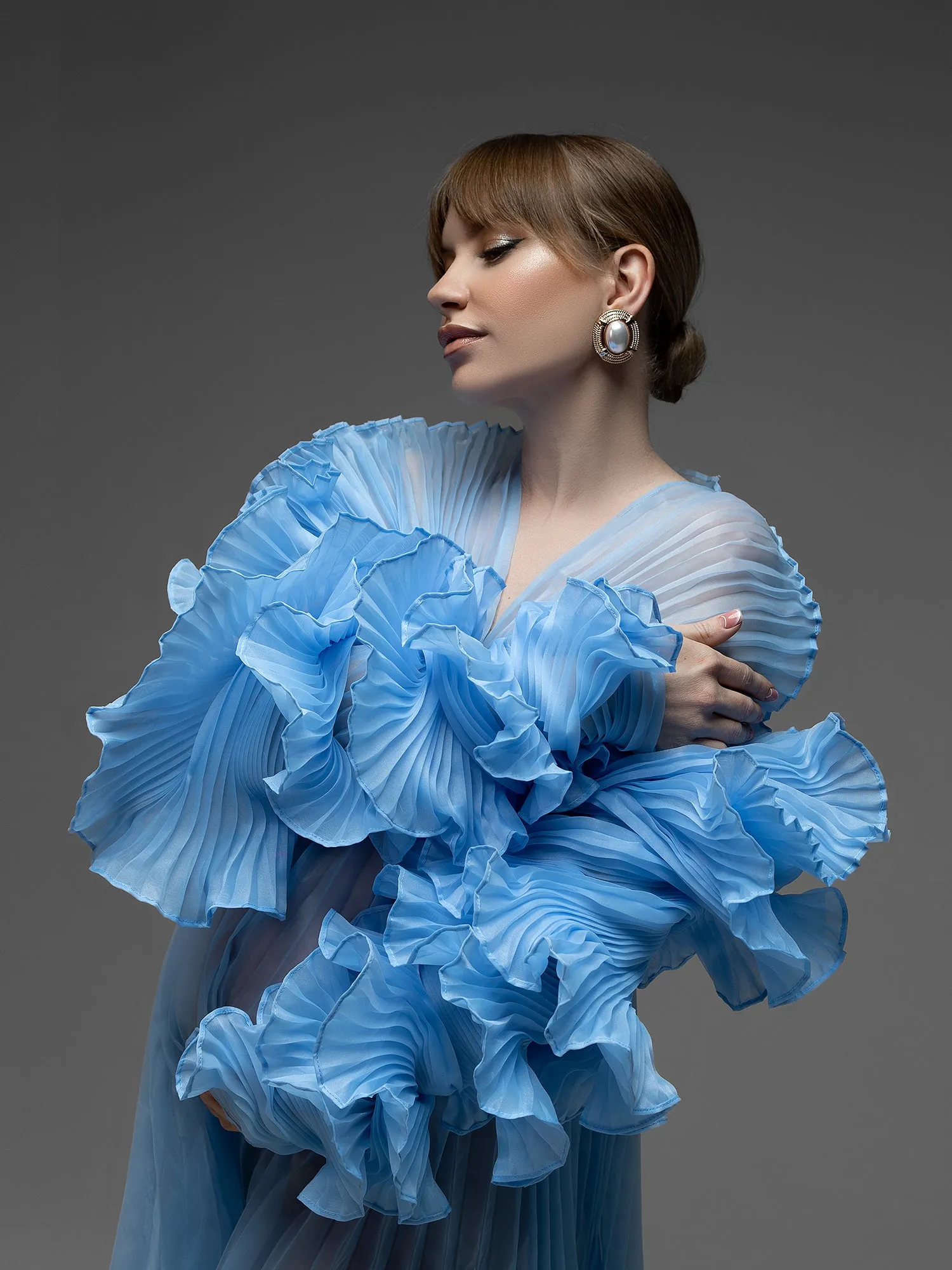 V Neck Pleated Organza Maternity Dresses for Photoshoot Long Dress for Maternity Shoot Baby Shower Dresses YW243116