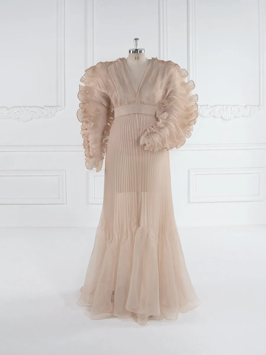 V Neck Pleated Organza Maternity Dresses for Photoshoot Long Dress for Maternity Shoot Baby Shower Dresses YW243116