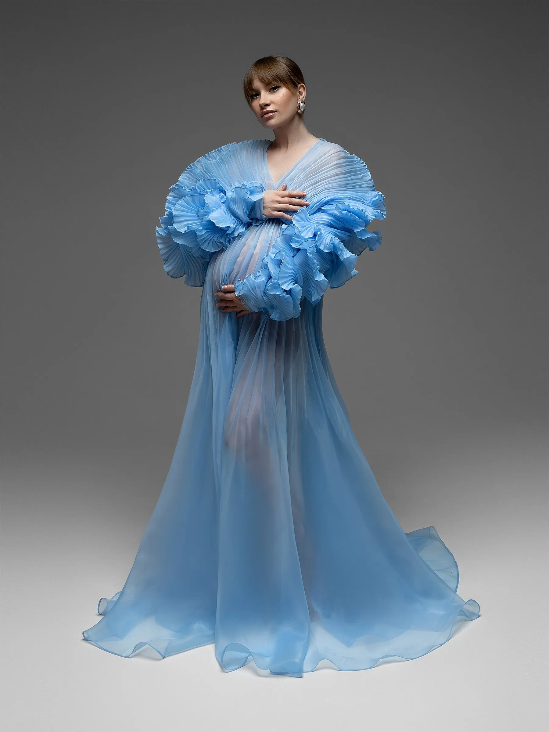 V Neck Pleated Organza Maternity Dresses for Photoshoot Long Dress for Maternity Shoot Baby Shower Dresses YW243116