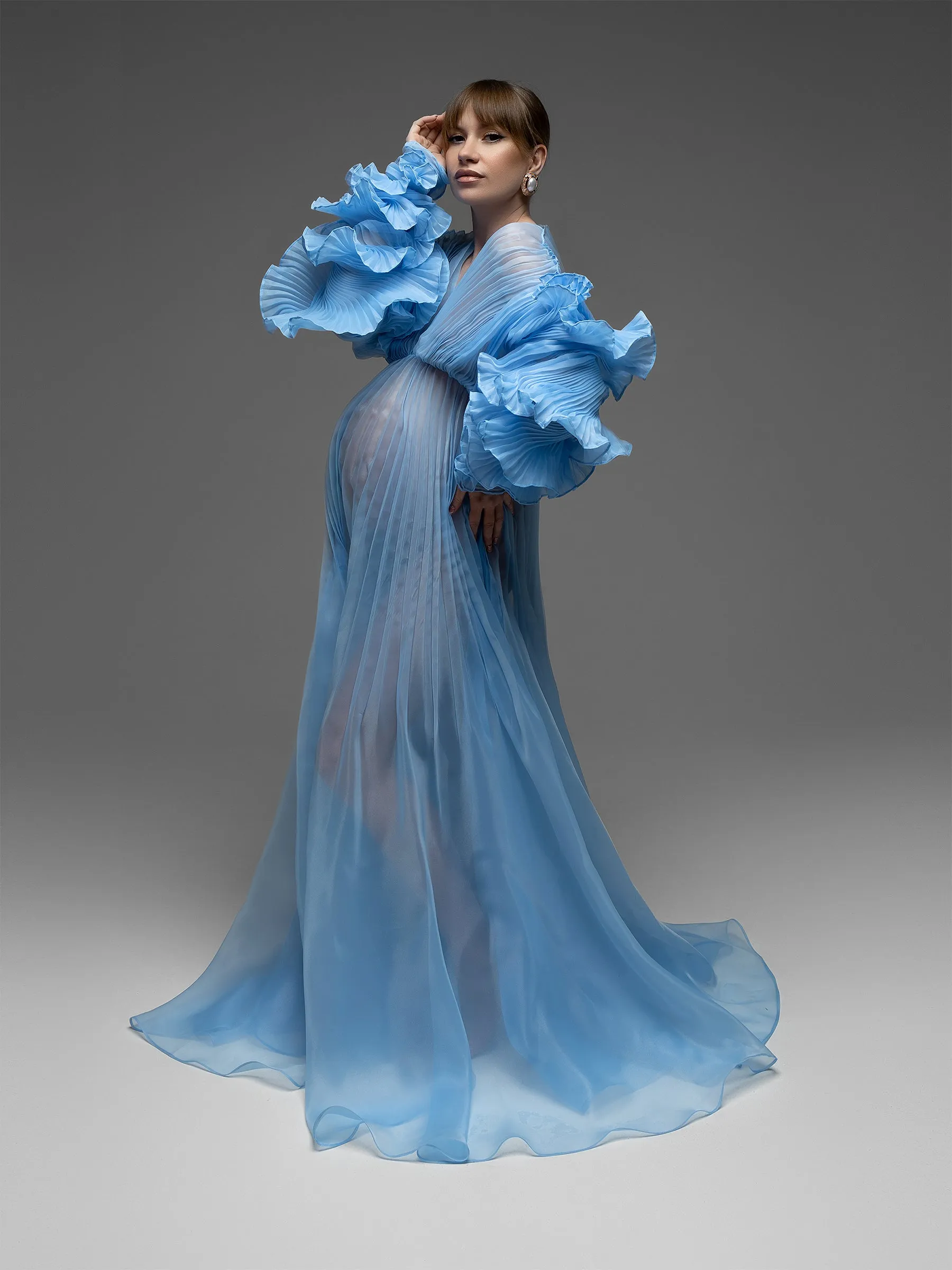 V Neck Pleated Organza Maternity Dresses for Photoshoot Long Dress for Maternity Shoot Baby Shower Dresses YW243116