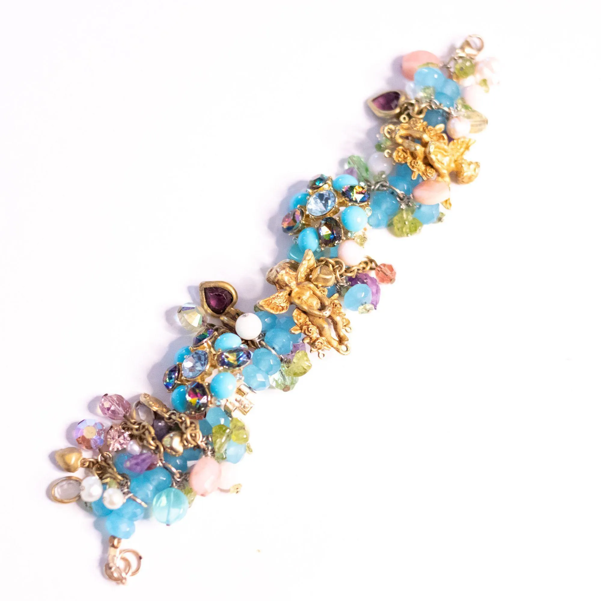 Vintage Kirks Folly Loaded Charm Bracelet with Cherubs, Crystals, Blue Turquoise Beads
