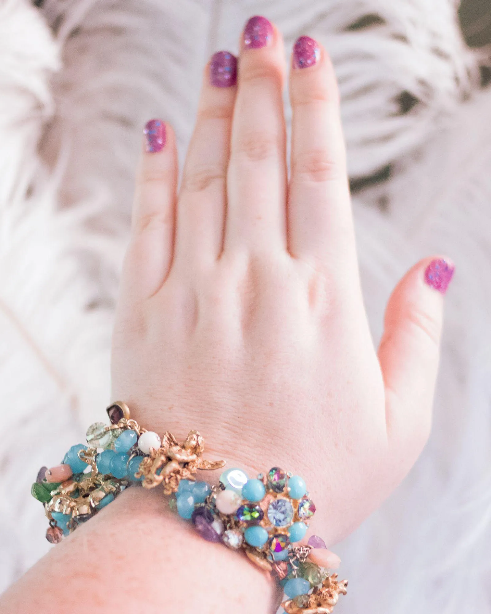 Vintage Kirks Folly Loaded Charm Bracelet with Cherubs, Crystals, Blue Turquoise Beads
