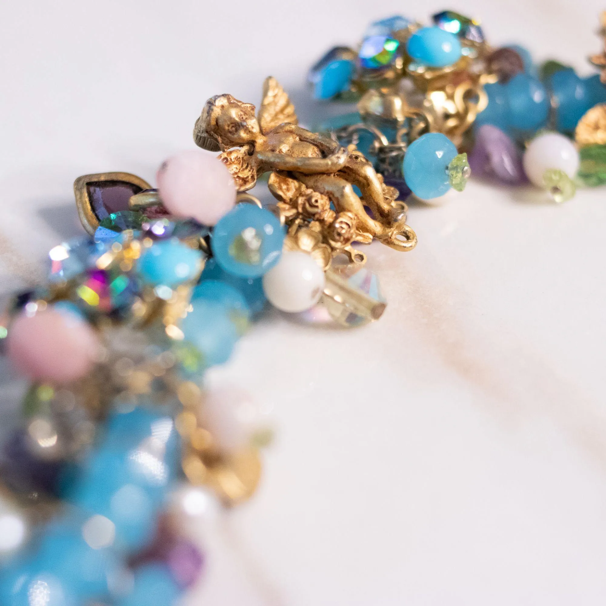 Vintage Kirks Folly Loaded Charm Bracelet with Cherubs, Crystals, Blue Turquoise Beads