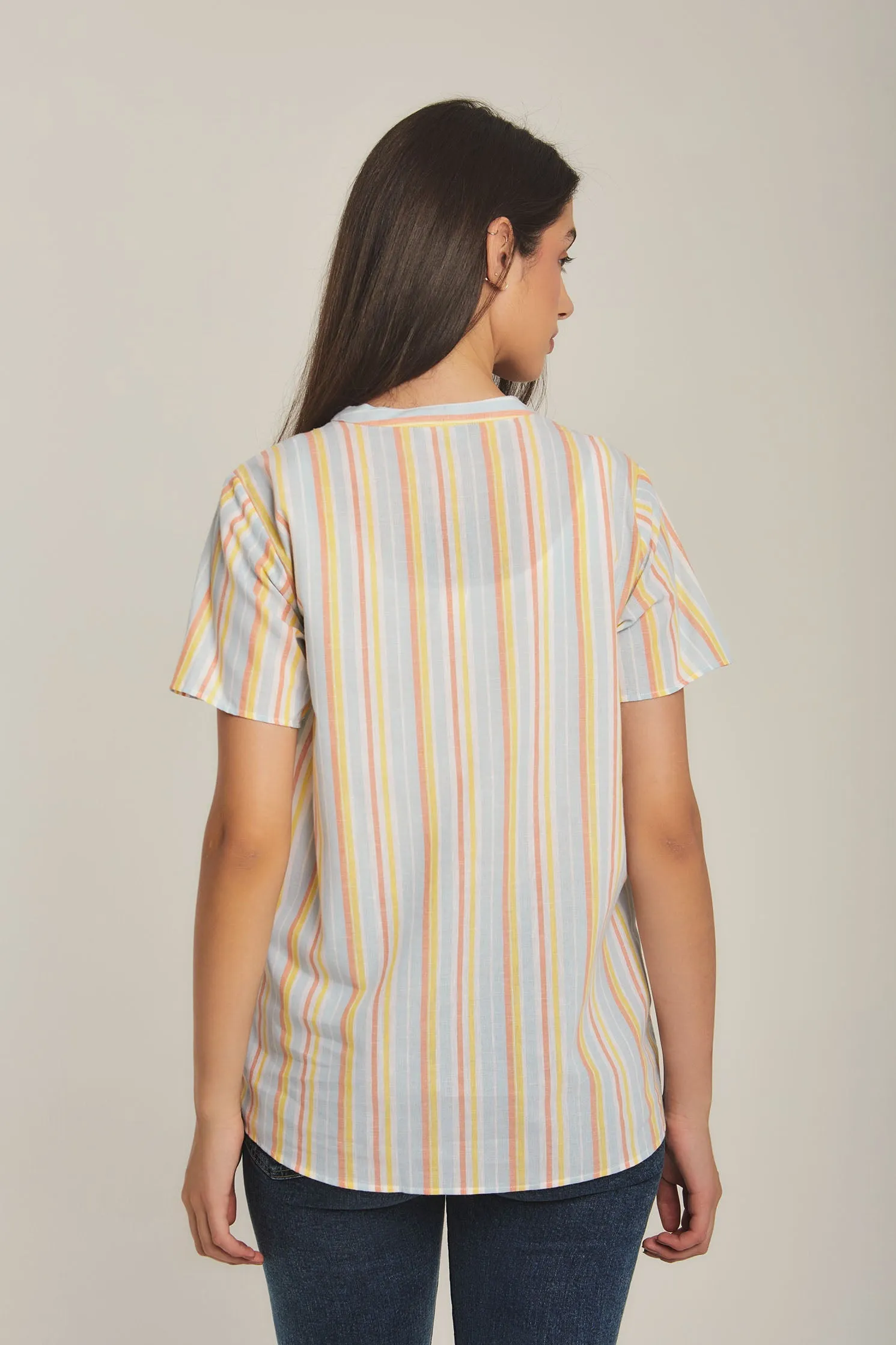 Women Blouse Cotton Striped short sleeve Blue
