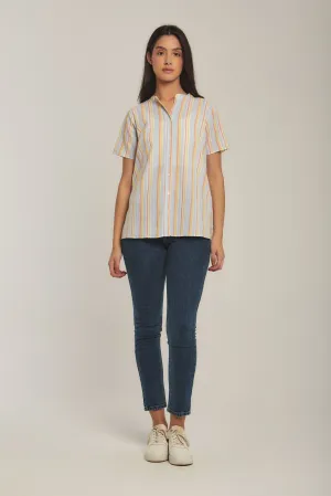 Women Blouse Cotton Striped short sleeve Blue