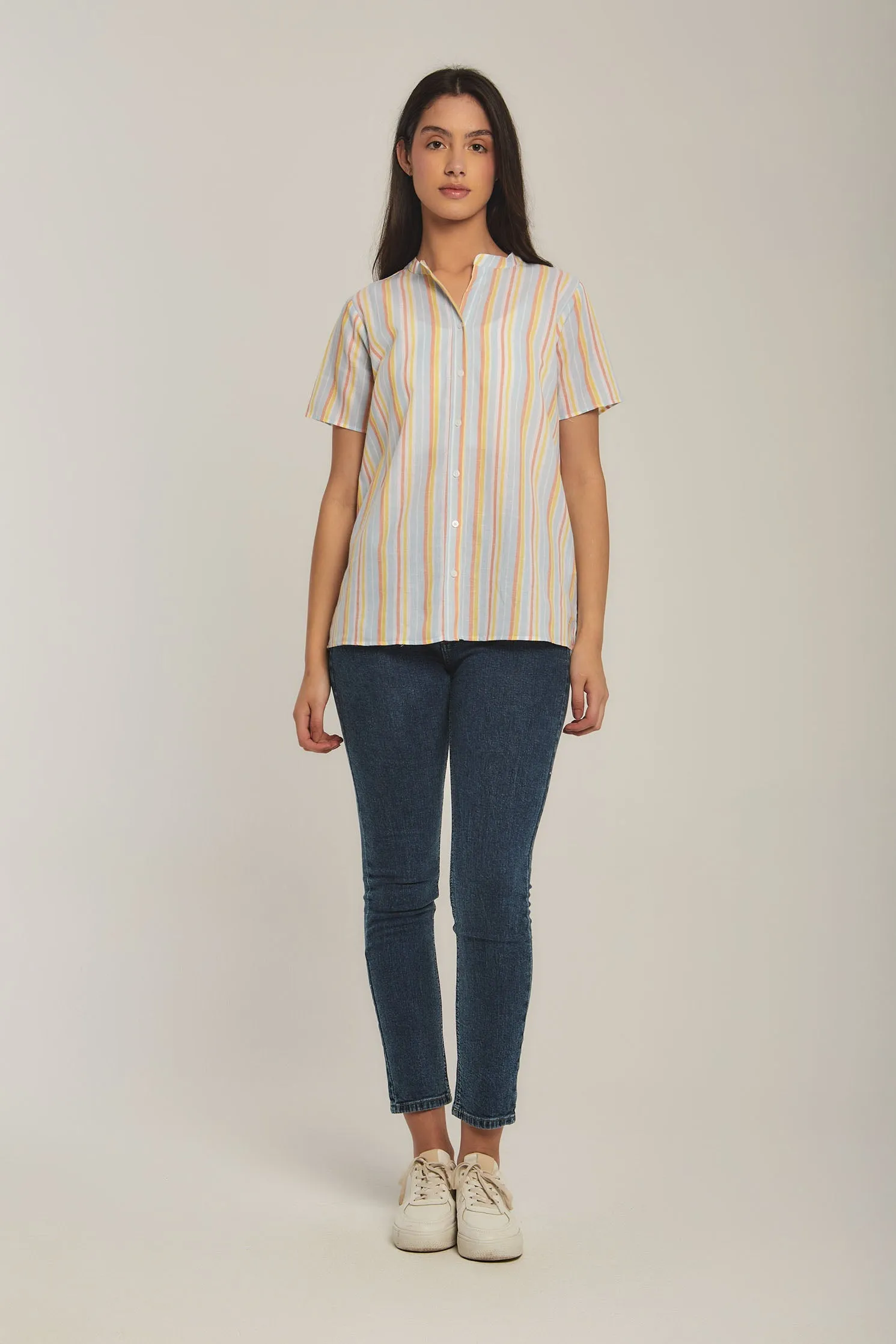 Women Blouse Cotton Striped short sleeve Blue