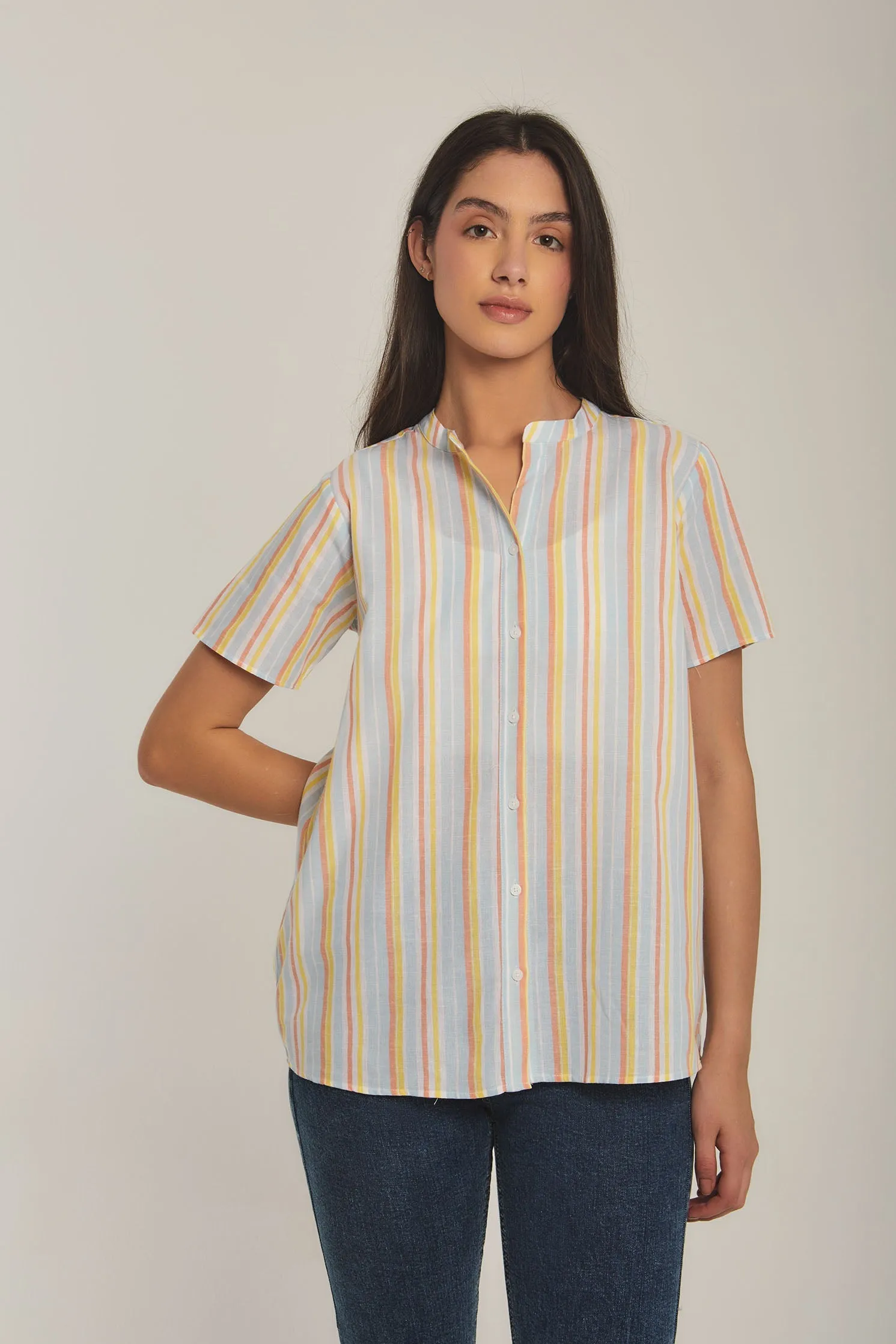 Women Blouse Cotton Striped short sleeve Blue