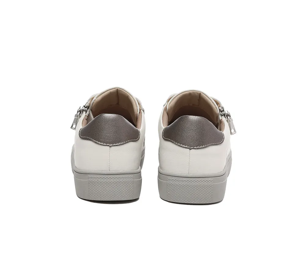 Women Leather Zip Decor Low-top White Sneakers Chloe