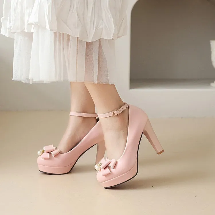 Women's Ankle Strap Bowtie Chunky Heel Platform Pumps