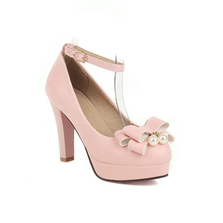 Women's Ankle Strap Bowtie Chunky Heel Platform Pumps