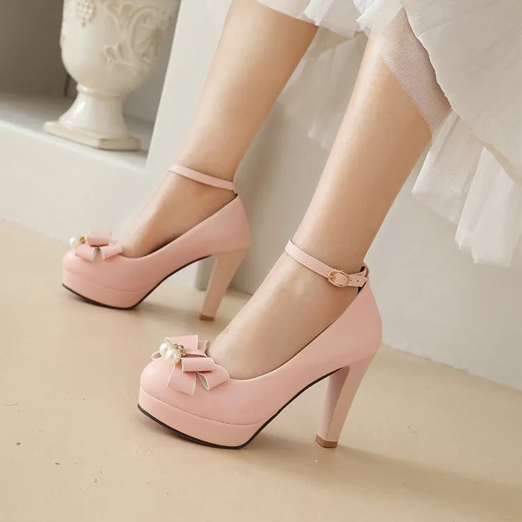 Women's Ankle Strap Bowtie Chunky Heel Platform Pumps