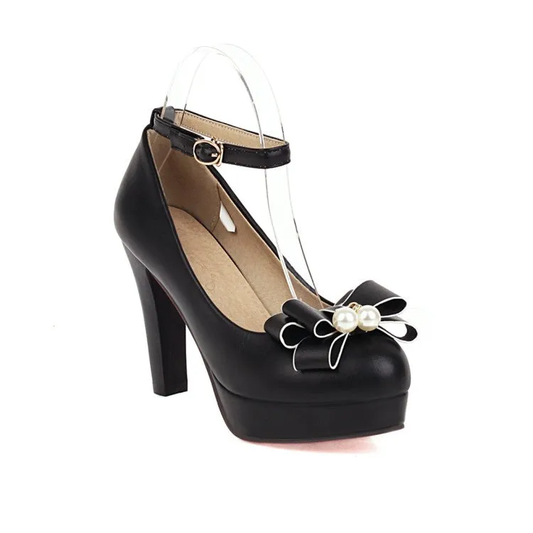 Women's Ankle Strap Bowtie Chunky Heel Platform Pumps