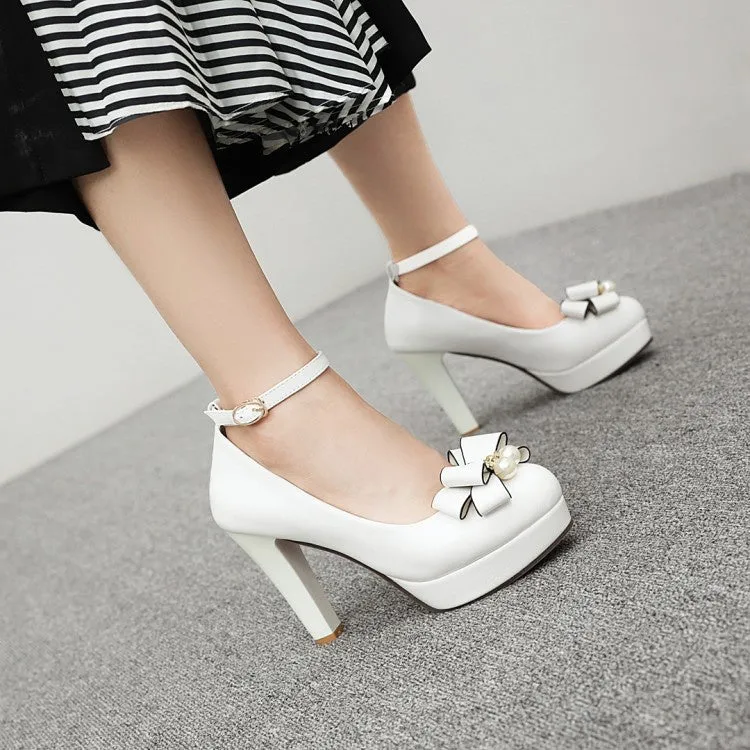 Women's Ankle Strap Bowtie Chunky Heel Platform Pumps