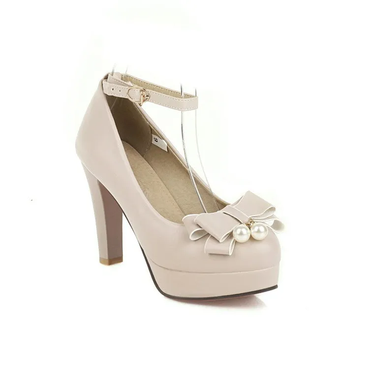 Women's Ankle Strap Bowtie Chunky Heel Platform Pumps