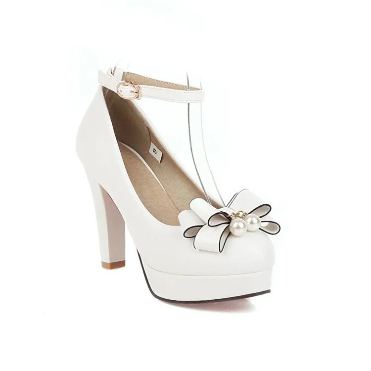 Women's Ankle Strap Bowtie Chunky Heel Platform Pumps