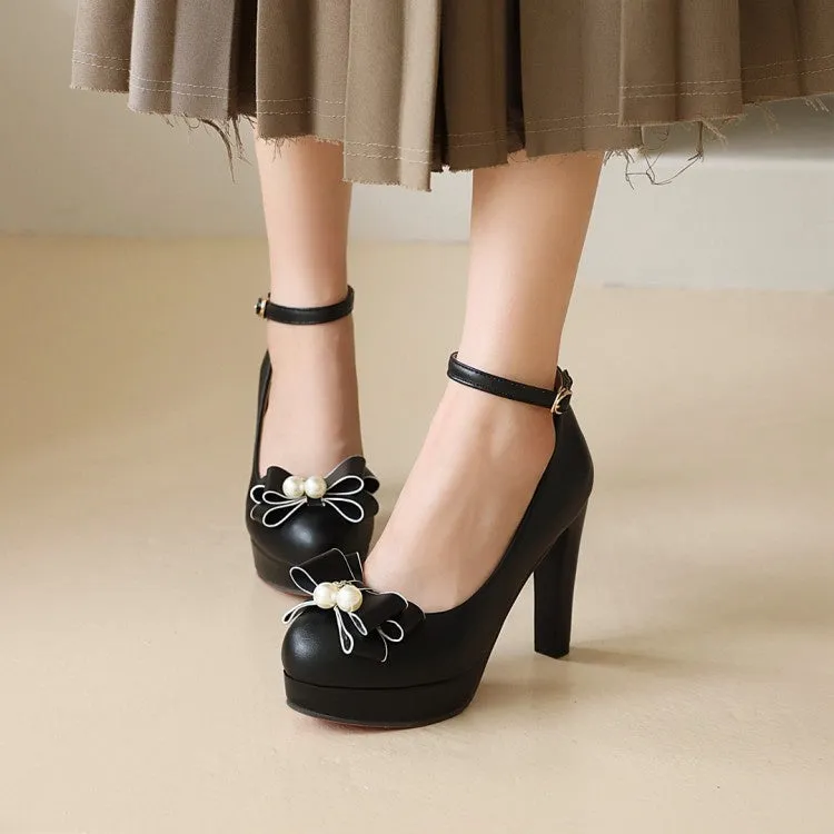 Women's Ankle Strap Bowtie Chunky Heel Platform Pumps