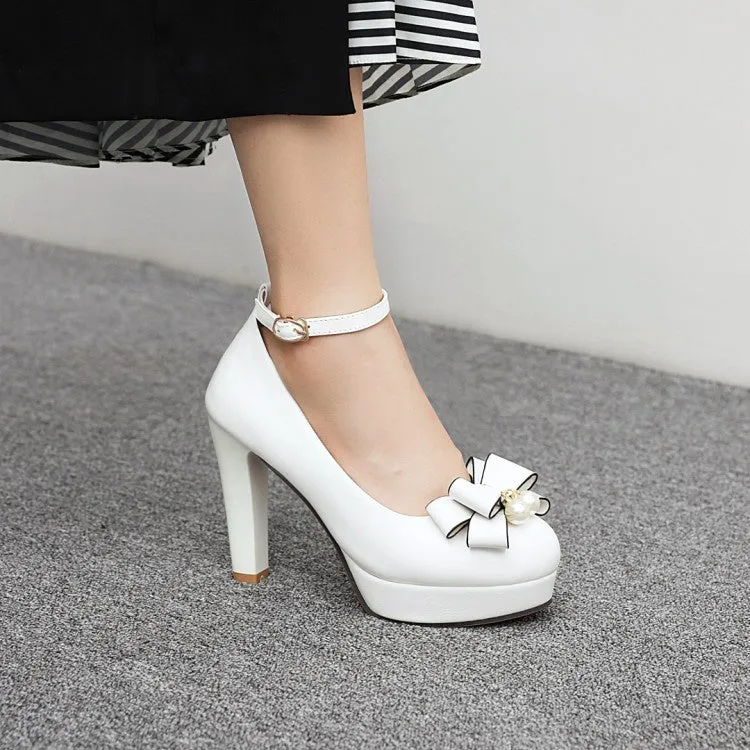 Women's Ankle Strap Bowtie Chunky Heel Platform Pumps