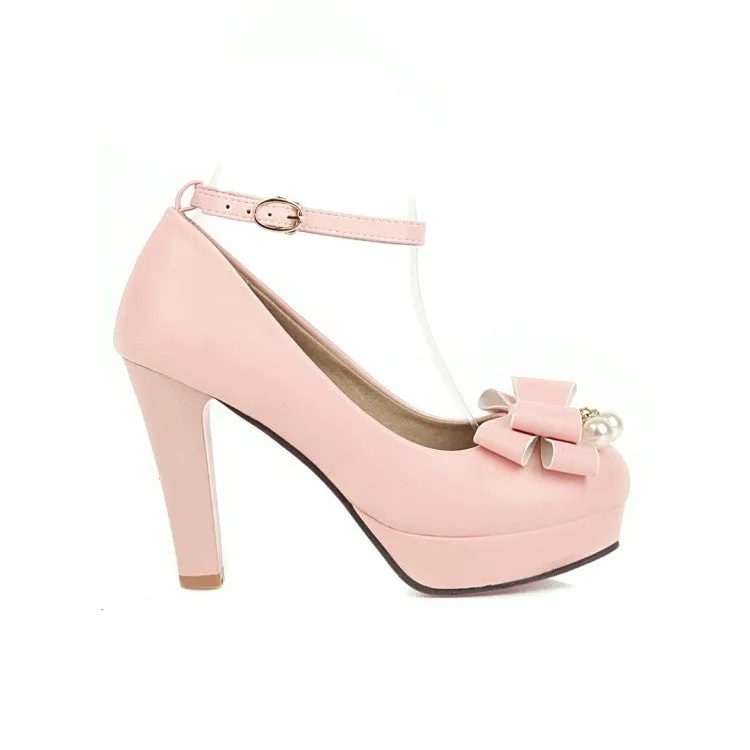 Women's Ankle Strap Bowtie Chunky Heel Platform Pumps