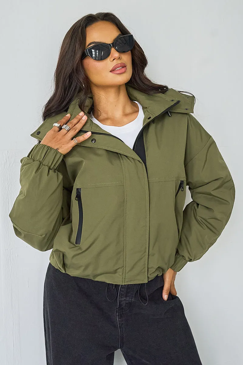Women's Camel Street Stand Collar Hooded Zip-Up Long Sleeve Trench Coat With Toggle