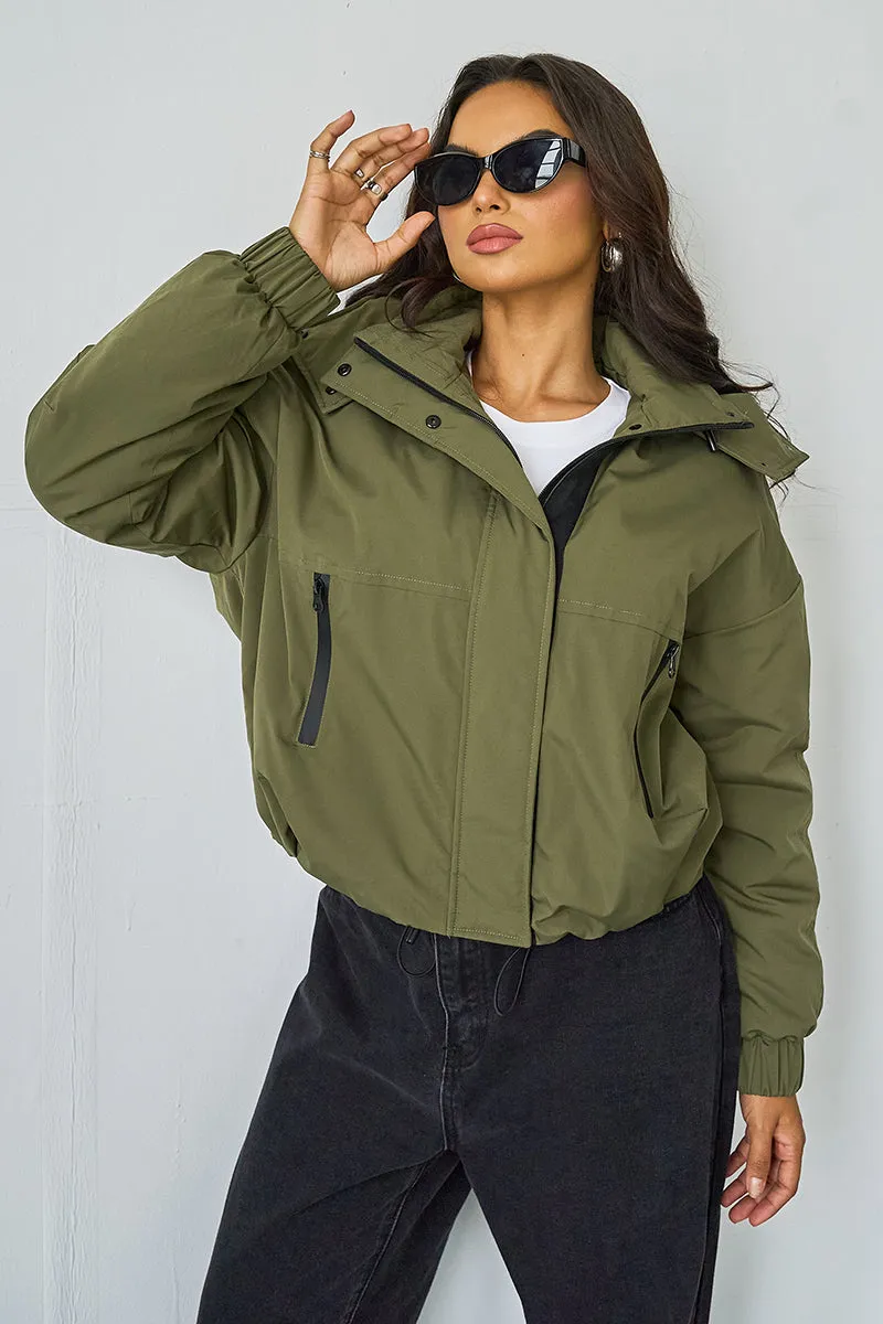 Women's Camel Street Stand Collar Hooded Zip-Up Long Sleeve Trench Coat With Toggle