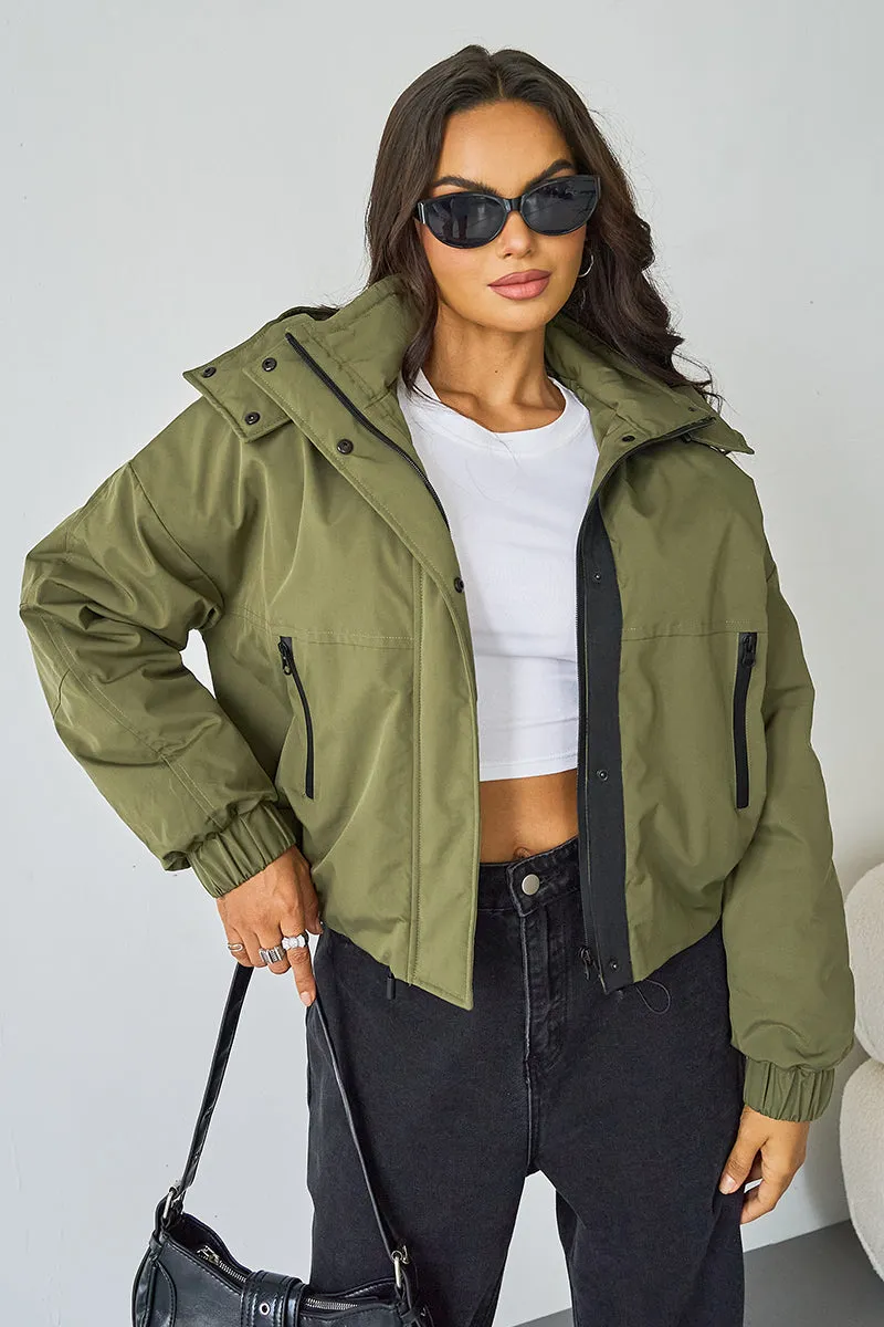 Women's Camel Street Stand Collar Hooded Zip-Up Long Sleeve Trench Coat With Toggle