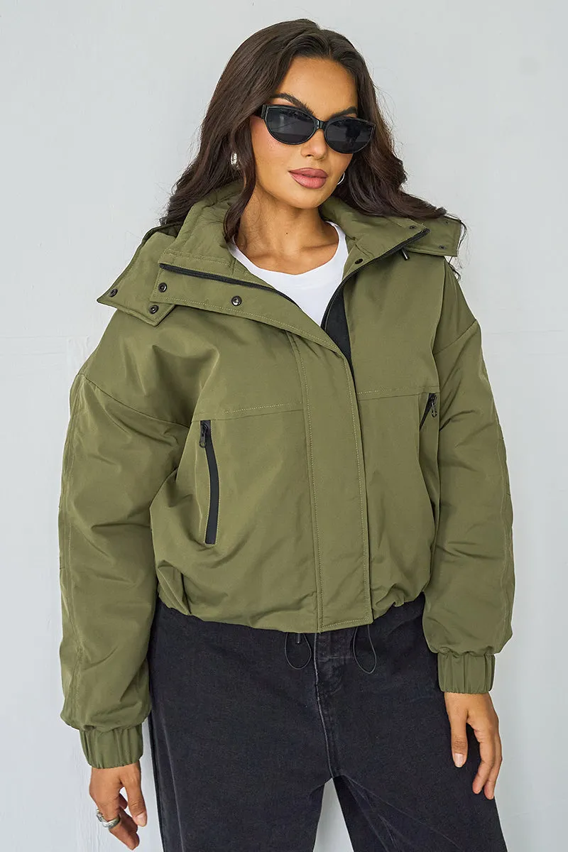 Women's Camel Street Stand Collar Hooded Zip-Up Long Sleeve Trench Coat With Toggle