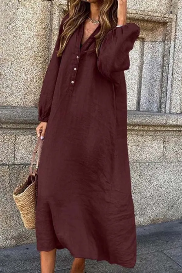 Women’s Cozy Oversize Button-Up V-neck Long Sleeve Dress | Ideal for Spring/Summer