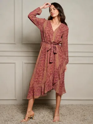 WOMEN'S LONG SLEEVE SURPLICE HIGH-LOW RUFFLE PRINT MIDI DRESS