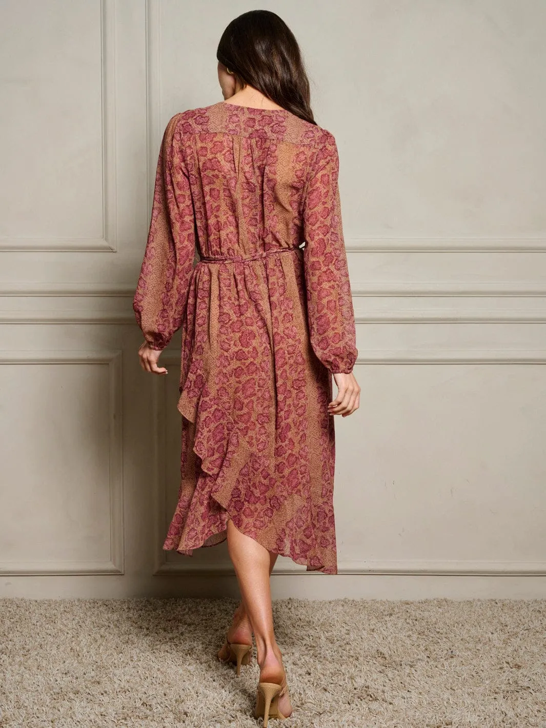 WOMEN'S LONG SLEEVE SURPLICE HIGH-LOW RUFFLE PRINT MIDI DRESS