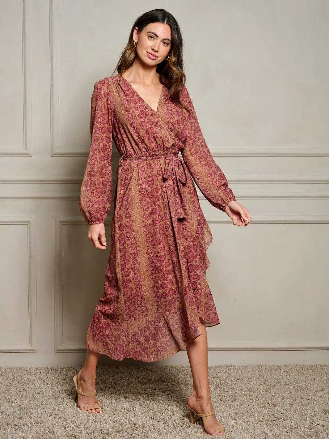 WOMEN'S LONG SLEEVE SURPLICE HIGH-LOW RUFFLE PRINT MIDI DRESS