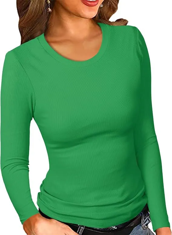 Women’s Solid Round-Neck Long-Sleeve Slim Fit Tops