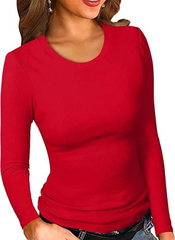 Women’s Solid Round-Neck Long-Sleeve Slim Fit Tops