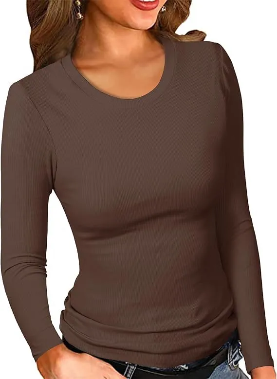 Women’s Solid Round-Neck Long-Sleeve Slim Fit Tops