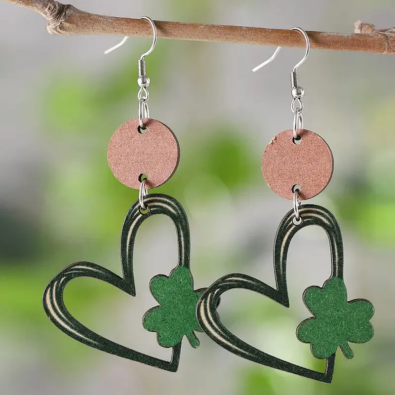 Wooden Heart and Shamrock Earrings