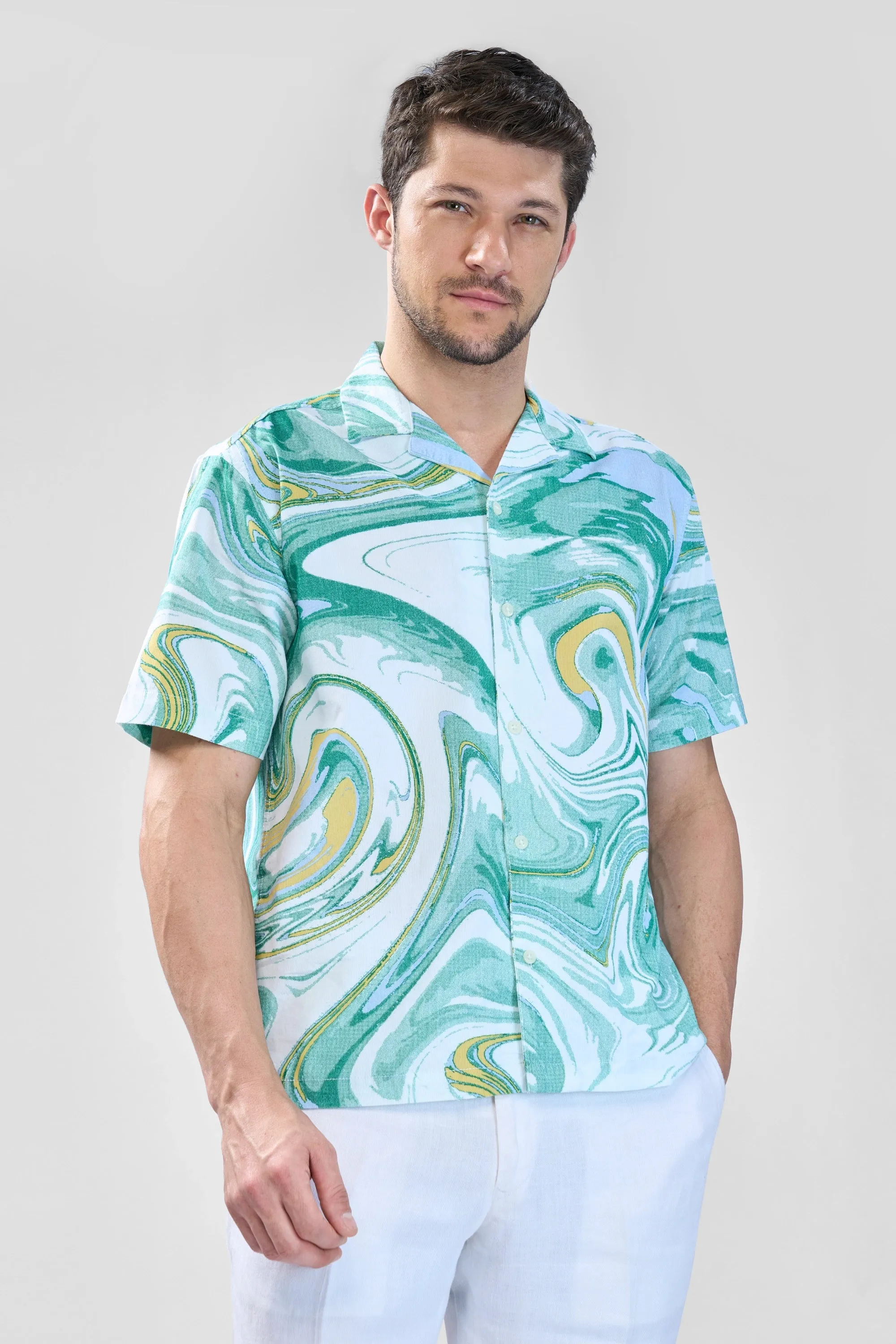 XKIND GREEN FINE CORD DROP SHOULDER PRINTED RELAXED FIT SHIRT