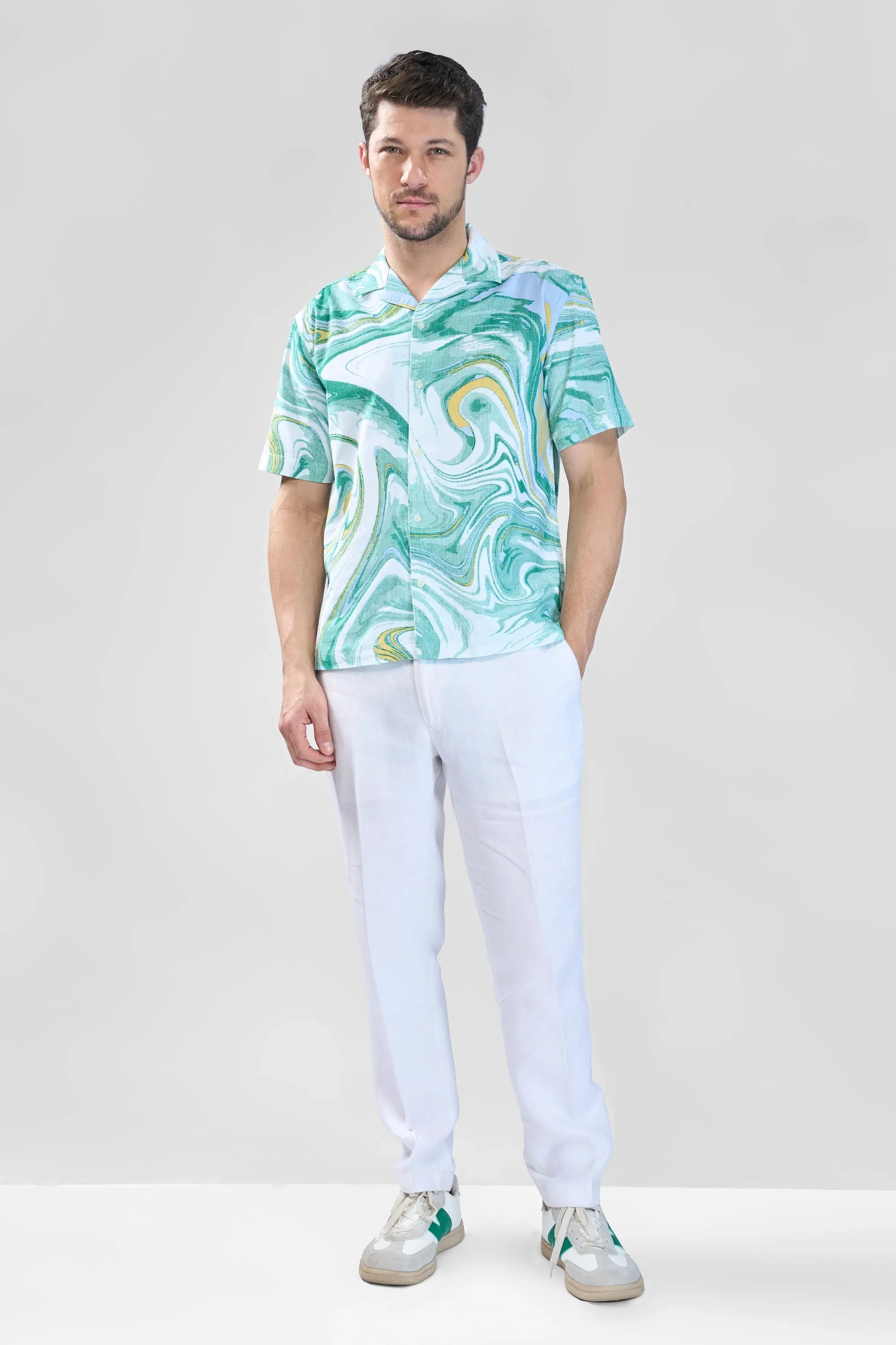 XKIND GREEN FINE CORD DROP SHOULDER PRINTED RELAXED FIT SHIRT