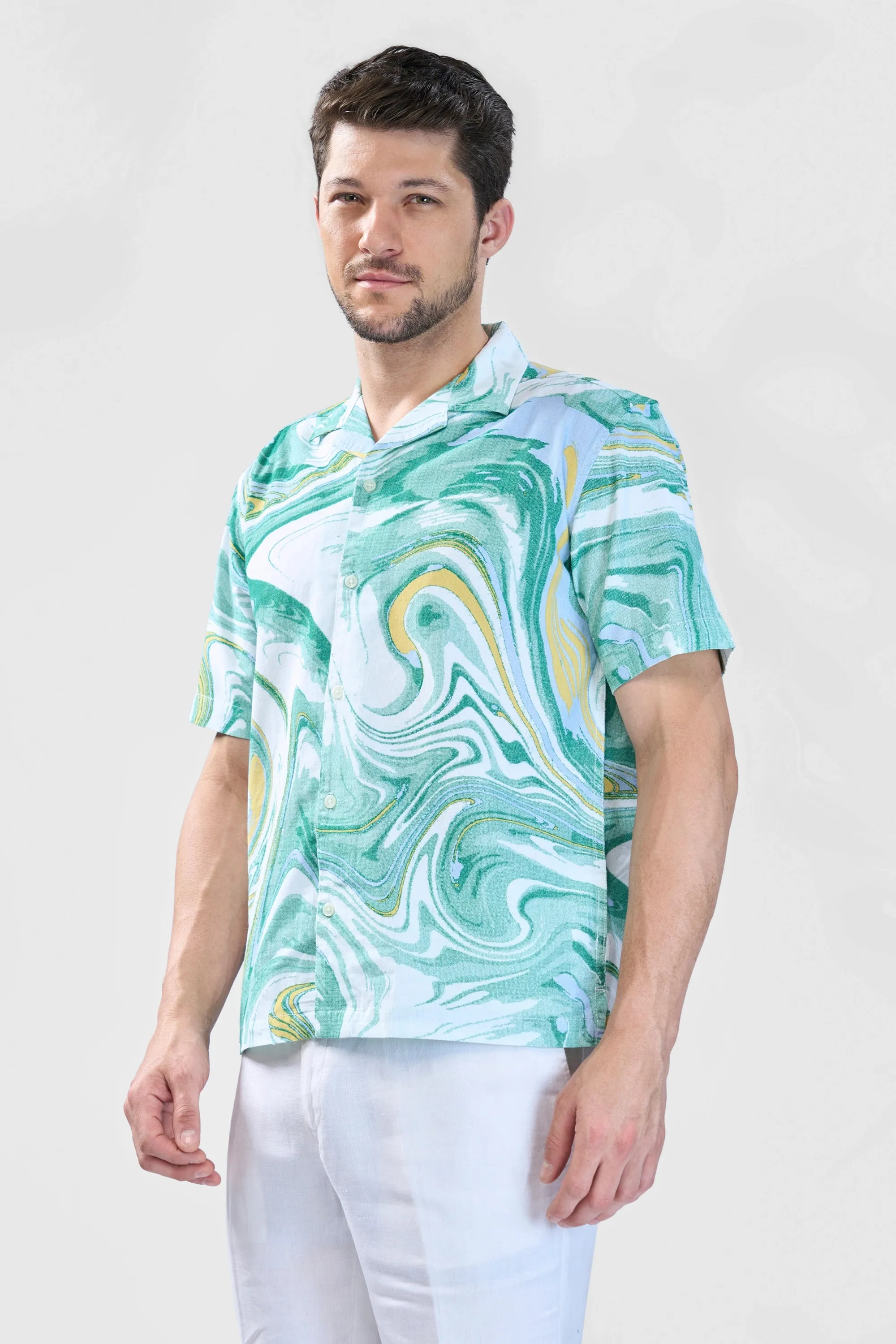 XKIND GREEN FINE CORD DROP SHOULDER PRINTED RELAXED FIT SHIRT