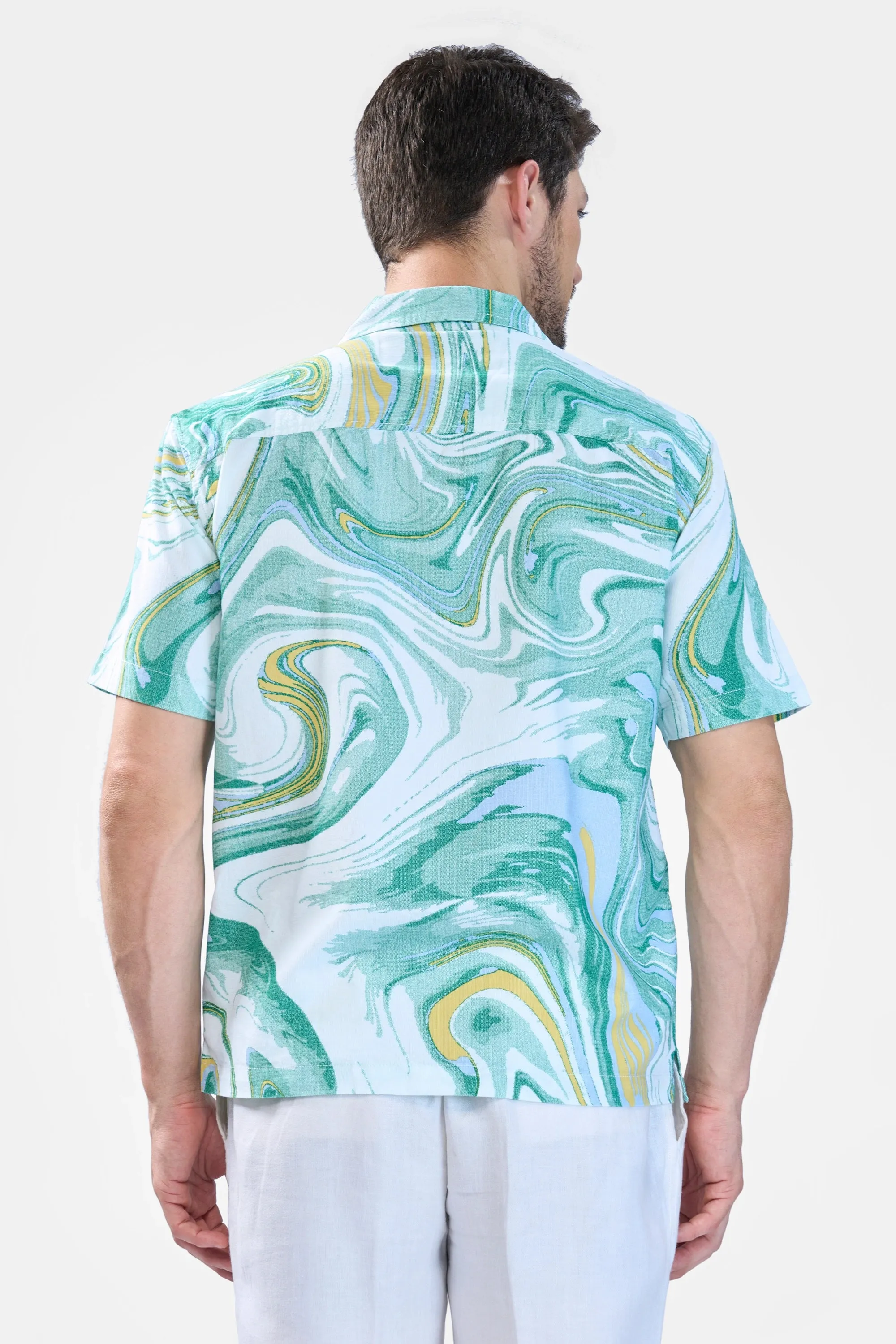 XKIND GREEN FINE CORD DROP SHOULDER PRINTED RELAXED FIT SHIRT